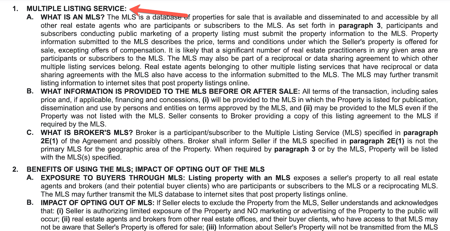 Screenshot of the MLS section in a listing contract, explaining how listing on the Multiple Listing Service increases property visibility and attracts more buyers.
