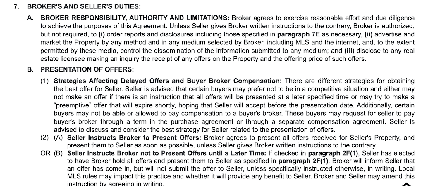 Screenshot of a listing agreement outlining the broker and seller responsibilities during the home-selling process.