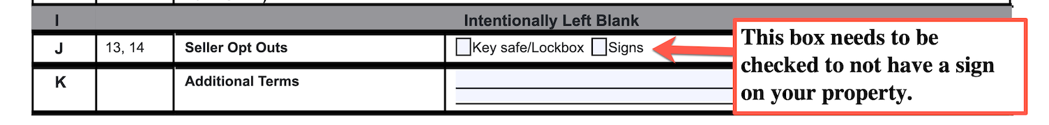 Section outlining where the seller grants or declines permission for a ‘For Sale’ sign to be placed on the property.
