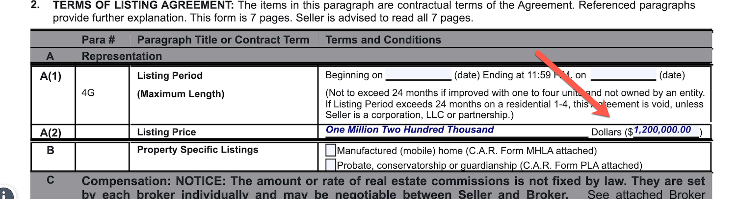 Screenshot of the agreed upon list price between a seller and their real estate agent.