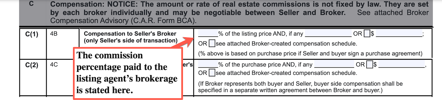 Example of the commission section showing the percentage paid to the listing agent’s brokerage.