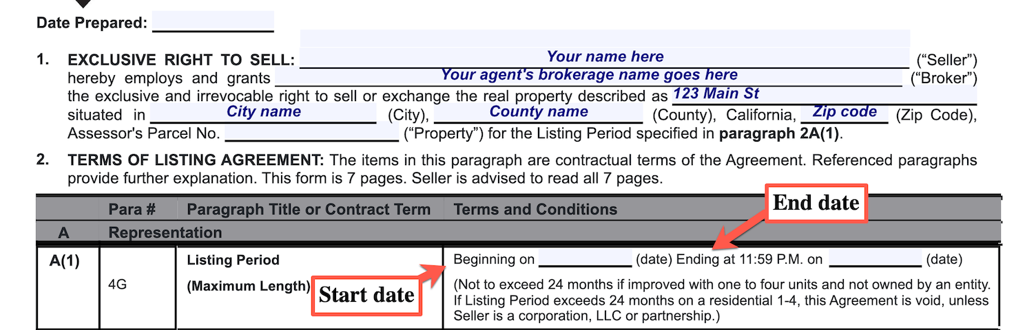 Example of a real estate listing agreement showing the contract start and expiration dates.