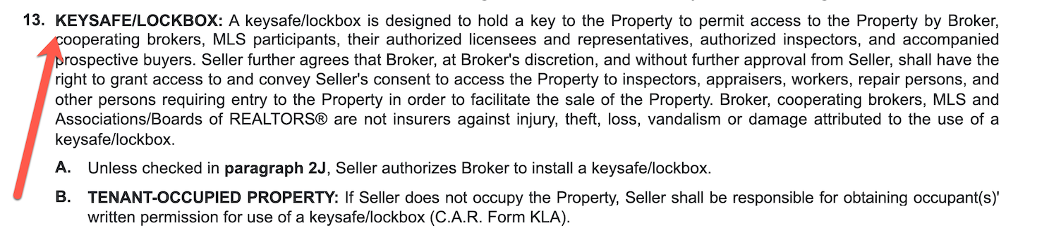 Section of a listing contract explaining how a lockbox provides secure agent access for home showings with seller approval.