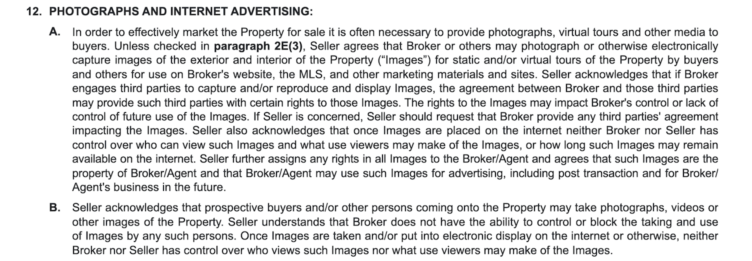 Screenshot showing the section in a real estate agent's contract with a seller detailing how property photos will be used in online listings and digital marketing.