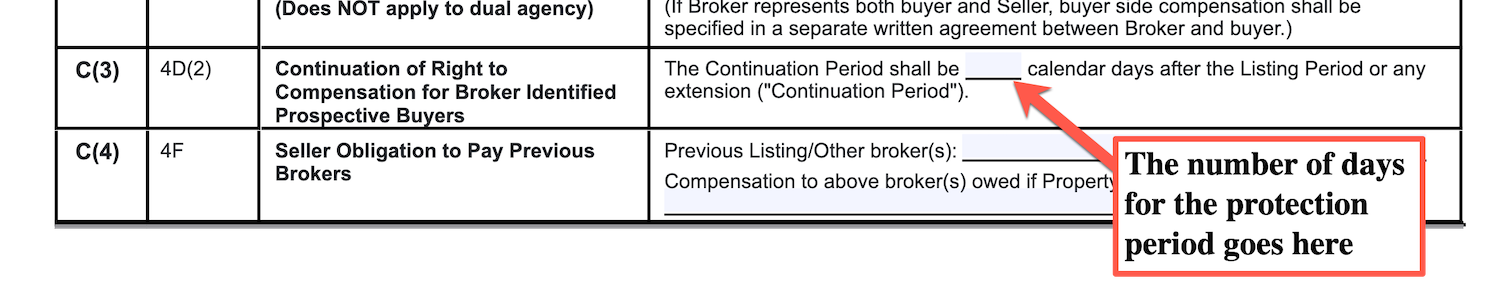 Example of the protection period clause in a listing agreement, outlining the timeframe in which the broker is still entitled to a commission after the contract expires.