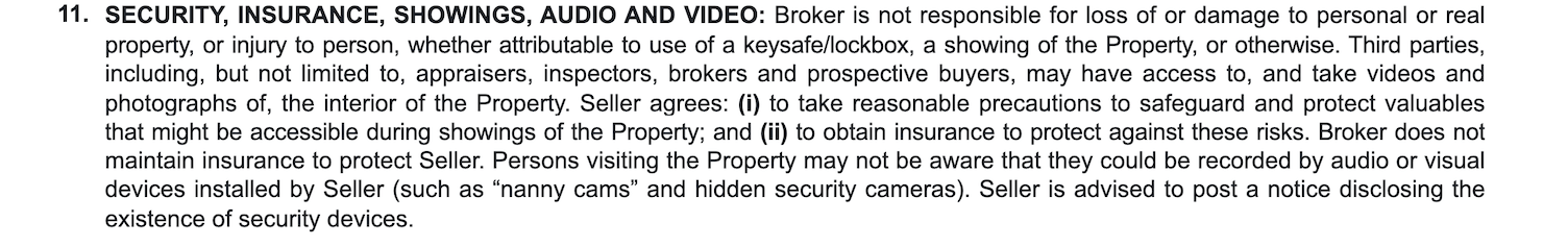 Example of the section in a listing agreement that addresses liability, property security, and insurance considerations during home showings.