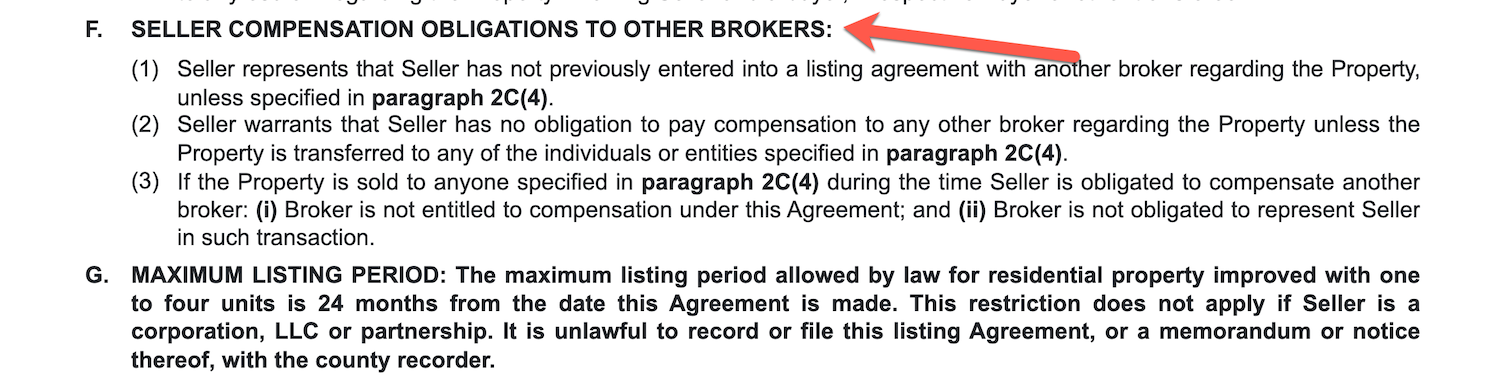 Example of the seller’s obligation to other brokers section, specifying whether the seller has agreements with other real estate brokerages.