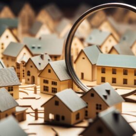 Magnifying glass highlighting specific wooden houses, symbolizing the scrutiny in deciding whether to get a home appraisal before selling.