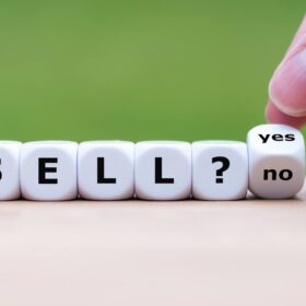 Dice spelling 'Sell?' with a final roll between 'Yes' and 'No' — symbolizing the uncertainty of deciding when to sell a house.