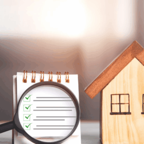 Magnifying glass over a checklist next to a wooden house model, symbolizing a pre-listing home inspection.