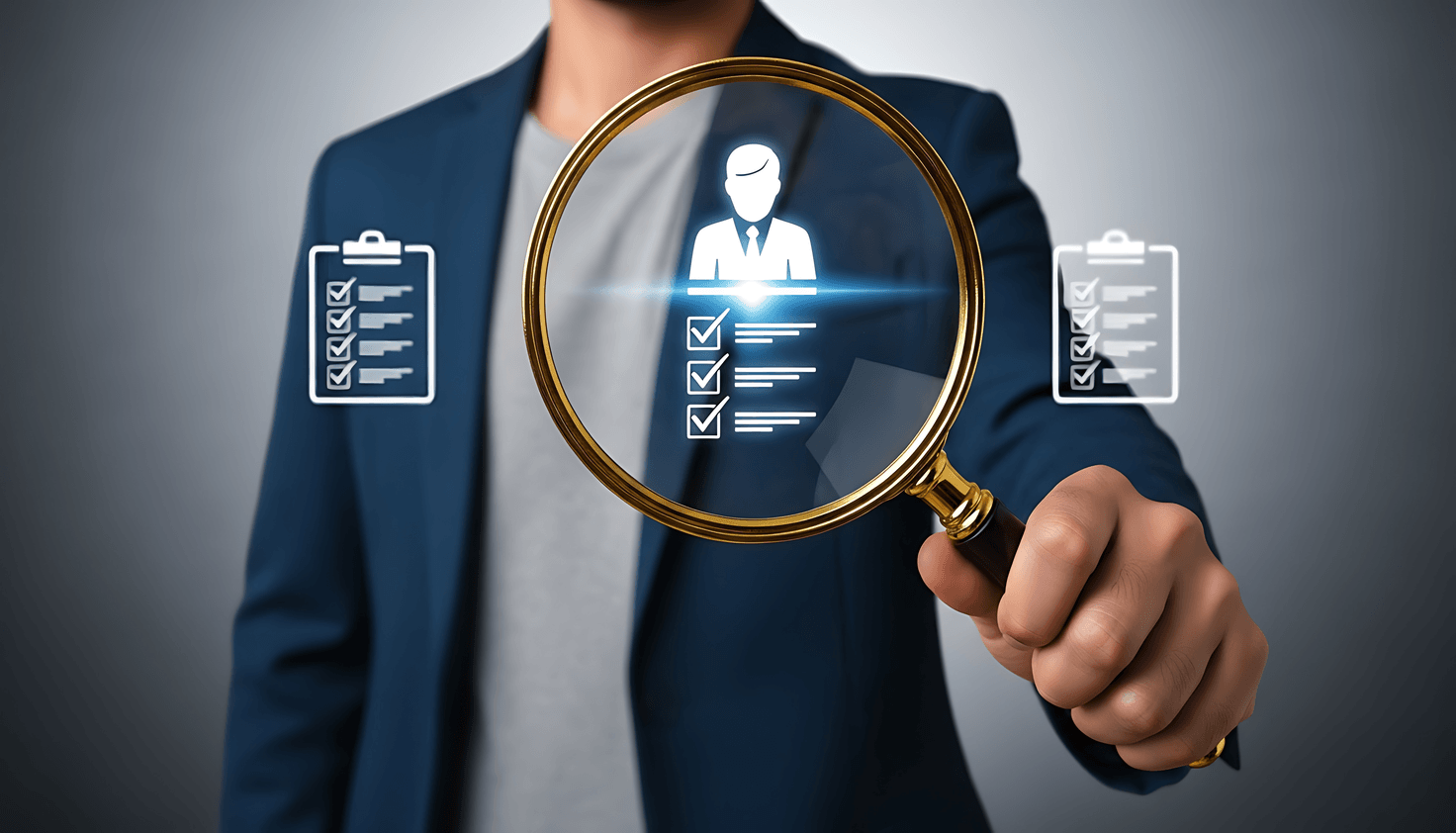 Magnifying glass highlighting a real estate agent profile with checklist icons, symbolizing where to find a Realtor